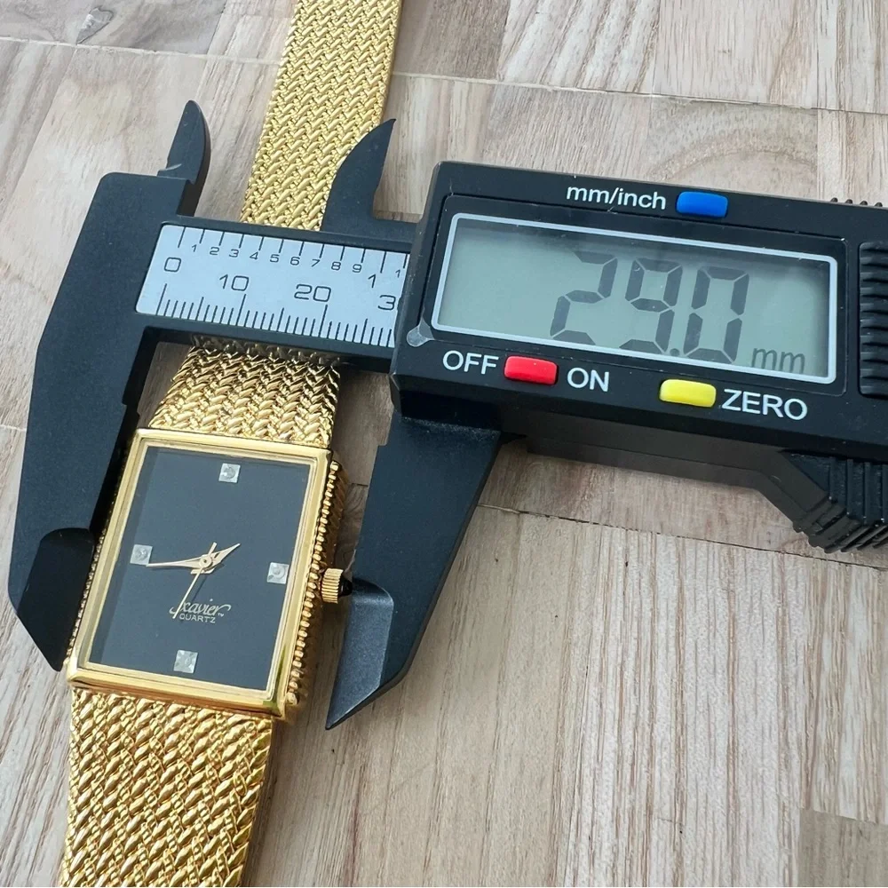 Vintage style Xavier mens rectangular gold tone dress watch NEW BATTERY